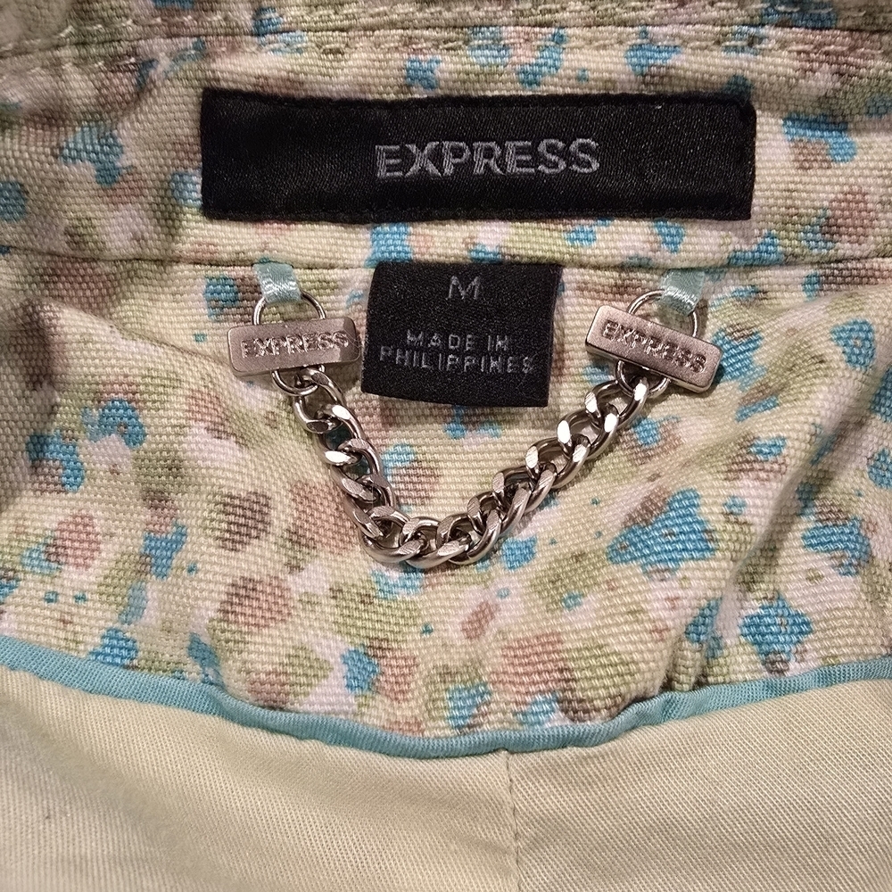 VINTAGE Express Floral Trench Lime Green/Blue Notched Collar 3/4 Sleeve Pockets. - Picture 12 of 16